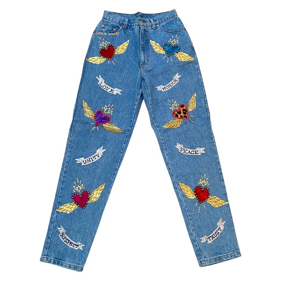 90s VINTAGE HIGH WAIST JEANS HAND PAINTED PATCHWORK TATTOOS SIZE 28 waist - Picture 1 of 4